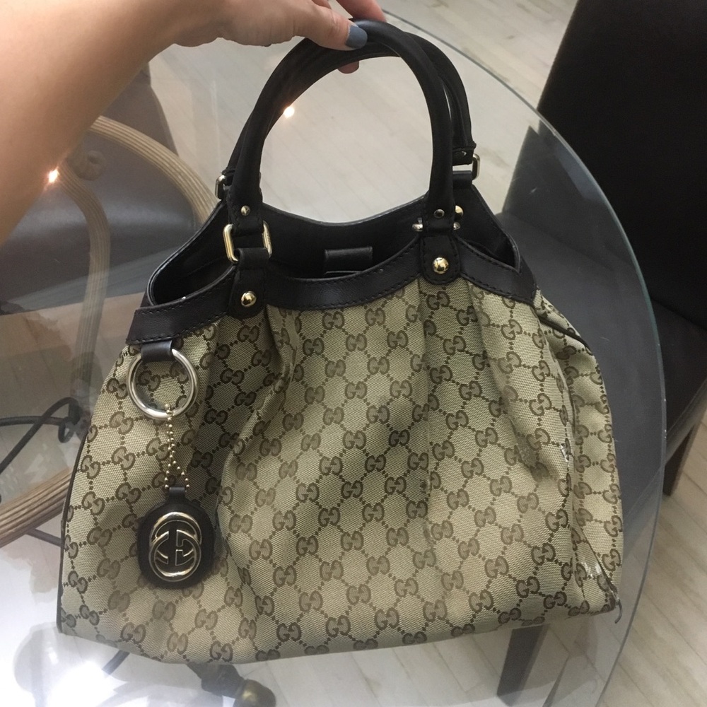 Gucci Beige GG Canvas Tote with Dark Brown Leather Trim